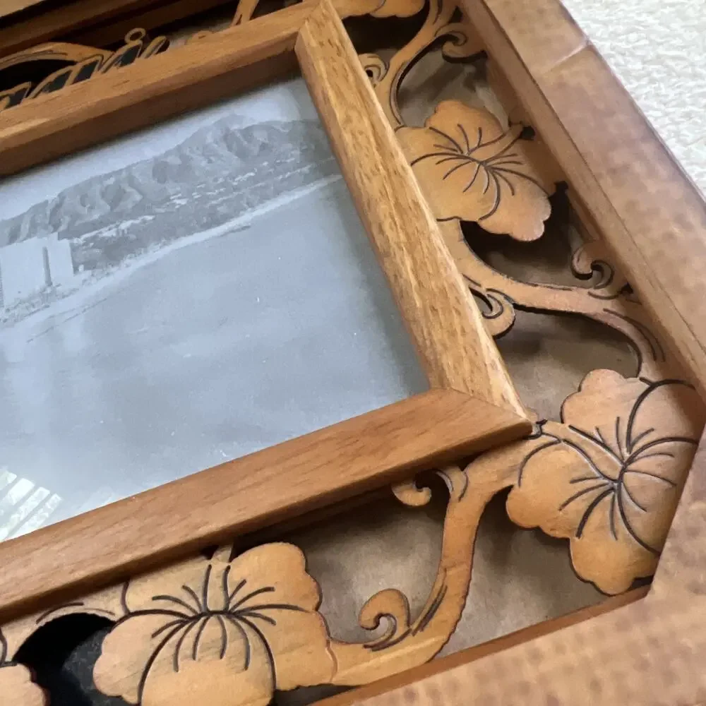 Vintage Chiefly Maui Hawaii Wood Photo Frame Layered Laser Cut Hibiscus 4x6